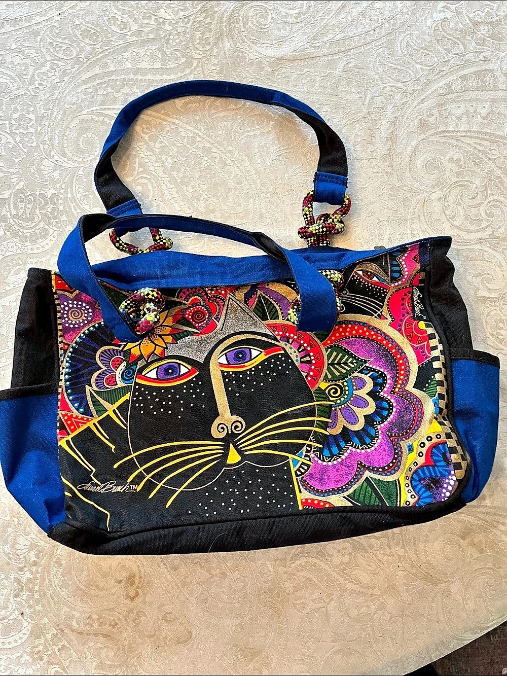 Laurel Burch Cat Print Tote in Black & Blue great condition!